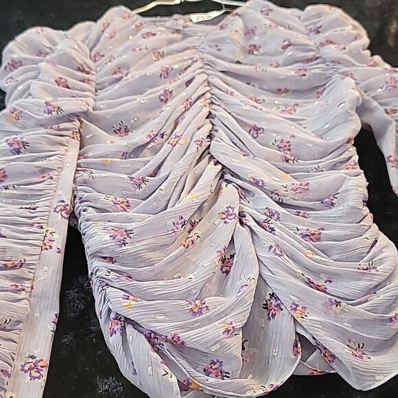 Zara Lilac LavenderFloral Sheer Ruched Long Sleeved Top - Picture 3 of 9